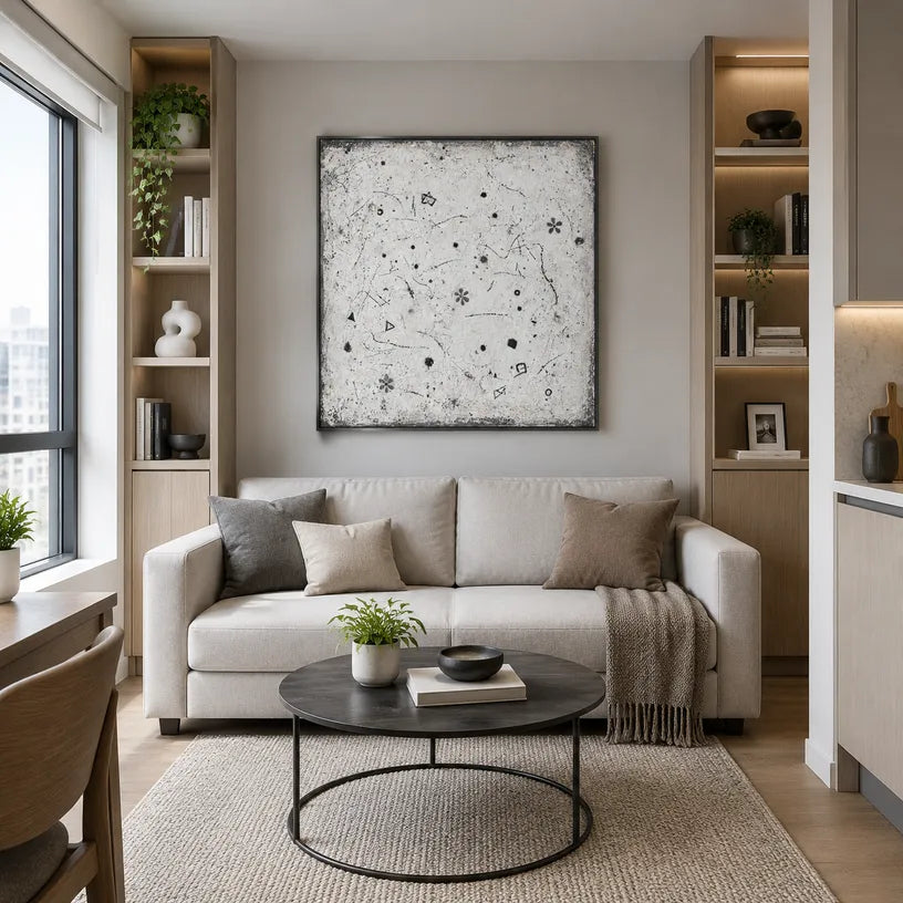Wabi-Sabi abstract oil painting showing layered abstract marks, texture and expressive painterly movement.
