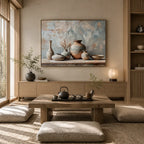 Wabi-Sabi abstract oil painting showing layered abstract marks, texture and expressive painterly movement in a grey palette.
