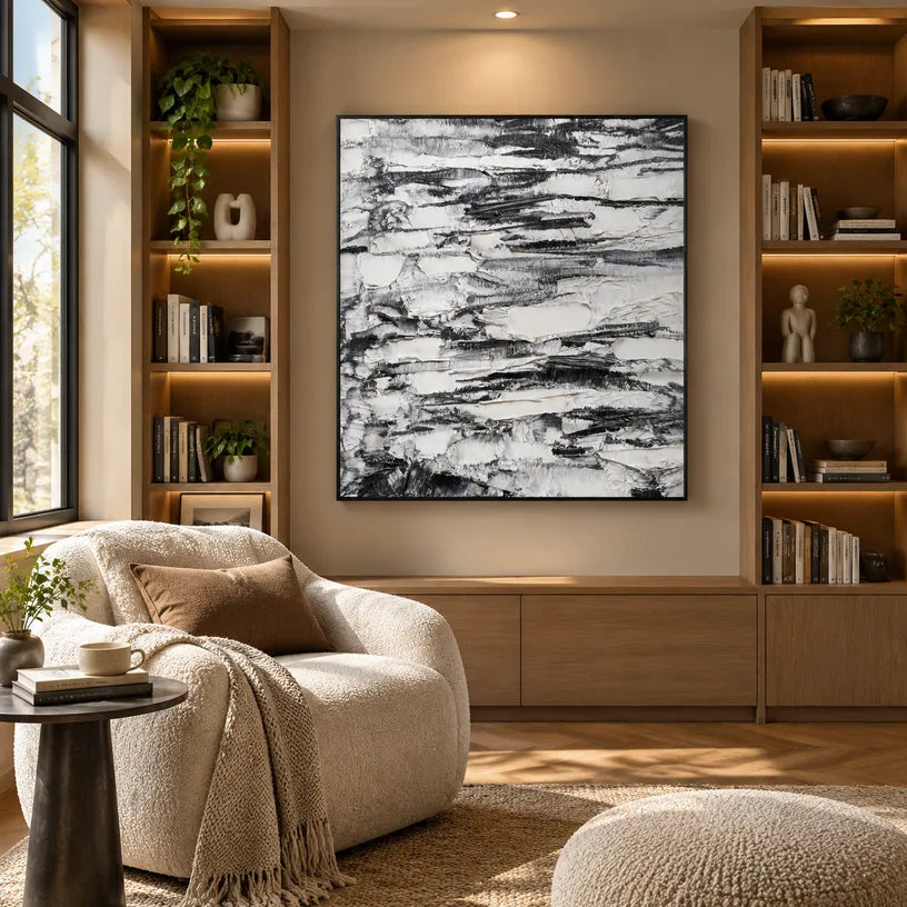 Wabi-Sabi abstract oil painting showing layered abstract marks, texture and expressive painterly movement in a grey palette.