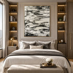 Wabi-Sabi abstract oil painting showing layered abstract marks, texture and expressive painterly movement in a grey palette.