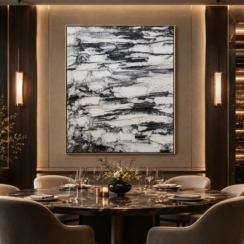 Wabi-Sabi abstract oil painting showing layered abstract marks, texture and expressive painterly movement in a grey palette.