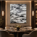 Wabi-Sabi abstract oil painting showing layered abstract marks, texture and expressive painterly movement in a grey palette.