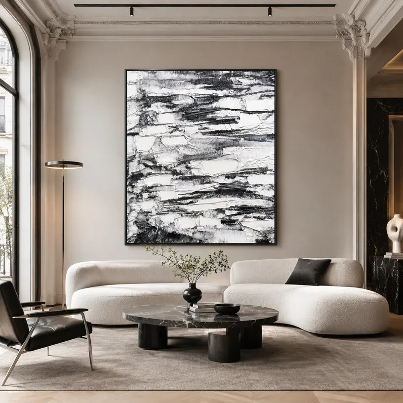 Wabi-Sabi abstract oil painting showing layered abstract marks, texture and expressive painterly movement in a grey palette.