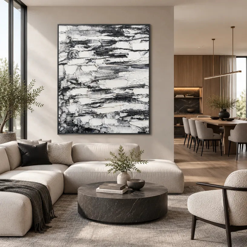 Wabi-Sabi abstract oil painting showing layered abstract marks, texture and expressive painterly movement in a grey palette.