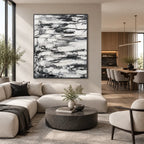 Wabi-Sabi abstract oil painting showing layered abstract marks, texture and expressive painterly movement in a grey palette.