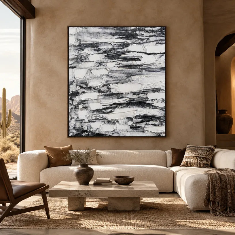 Wabi-Sabi abstract oil painting showing layered abstract marks, texture and expressive painterly movement in a grey palette.