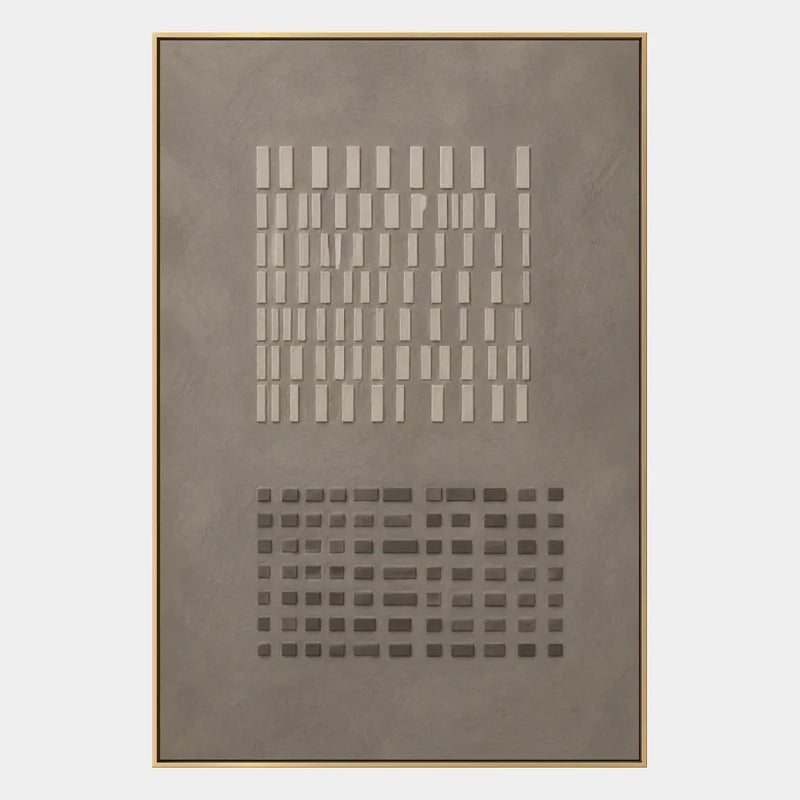 Abstraktes und konzeptuelles Ölgemälde von Wabi-Sabi mit geschichteten abstrakten Zeichen, Textur und ausdrucksstarker malerischer Bewegung in einer grauen Palette.