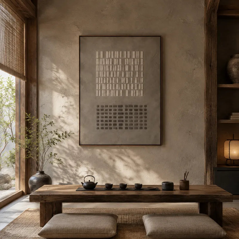 Abstraktes und konzeptuelles Ölgemälde von Wabi-Sabi mit geschichteten abstrakten Zeichen, Textur und ausdrucksstarker malerischer Bewegung in einer grauen Palette.