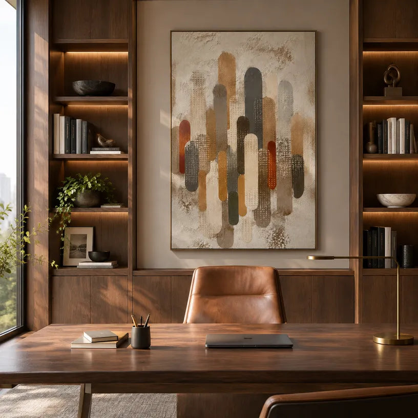 Wabi-Sabi abstract oil painting showing layered abstract marks, texture and expressive painterly movement in a brown palette.