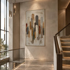 Wabi-Sabi abstract oil painting showing layered abstract marks, texture and expressive painterly movement in a brown palette.
