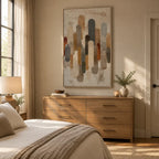 Wabi-Sabi abstract oil painting showing layered abstract marks, texture and expressive painterly movement in a brown palette.