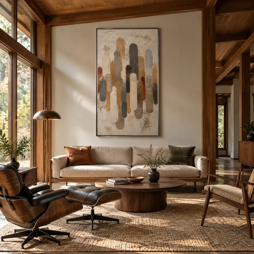 Wabi-Sabi abstract oil painting showing layered abstract marks, texture and expressive painterly movement in a brown palette.
