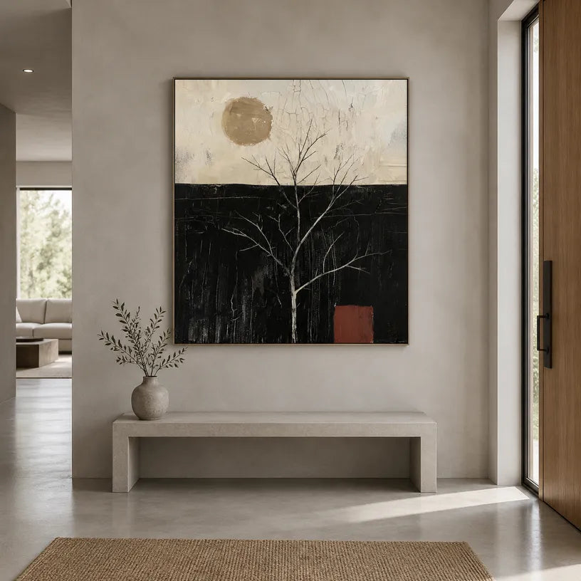 Wabi-Sabi abstract oil painting showing layered abstract marks, texture and expressive painterly movement in a black palette.