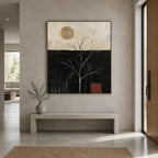 Wabi-Sabi abstract oil painting showing layered abstract marks, texture and expressive painterly movement in a black palette.