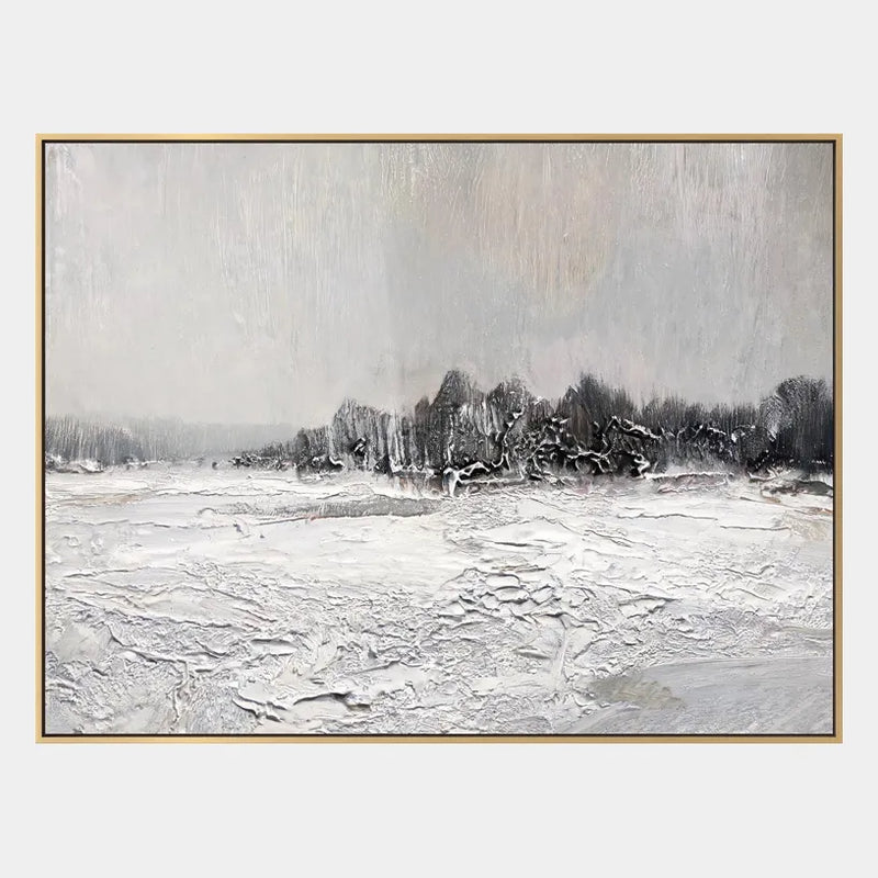 Pittura a olio di paesaggi Wabi-Sabi, paesaggi marini e paesaggi urbani con un paesaggio atmosferico, un paesaggio marino o una composizione ispirata alla città in una tavolozza di grigi.