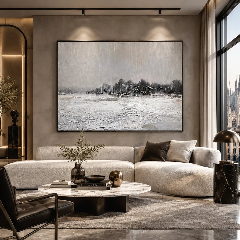 Wabi-Sabi abstract oil painting showing layered abstract marks, texture and expressive painterly movement in a grey palette.