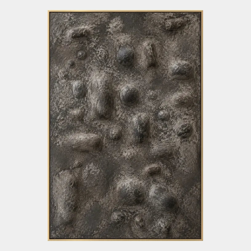 Wabi-Sabi abstract oil painting showing layered abstract marks, texture and expressive painterly movement in a brown palette.