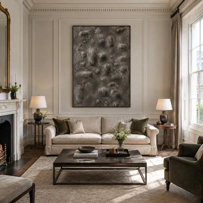 Wabi-Sabi abstract oil painting showing layered abstract marks, texture and expressive painterly movement in a brown palette.