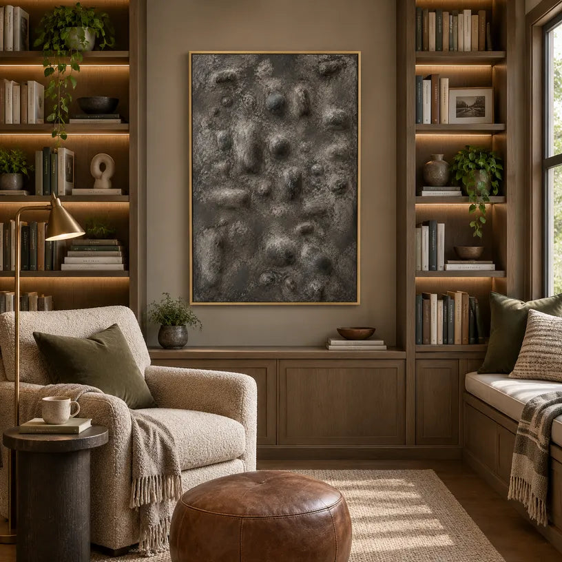 Wabi-Sabi abstract oil painting showing layered abstract marks, texture and expressive painterly movement in a brown palette.