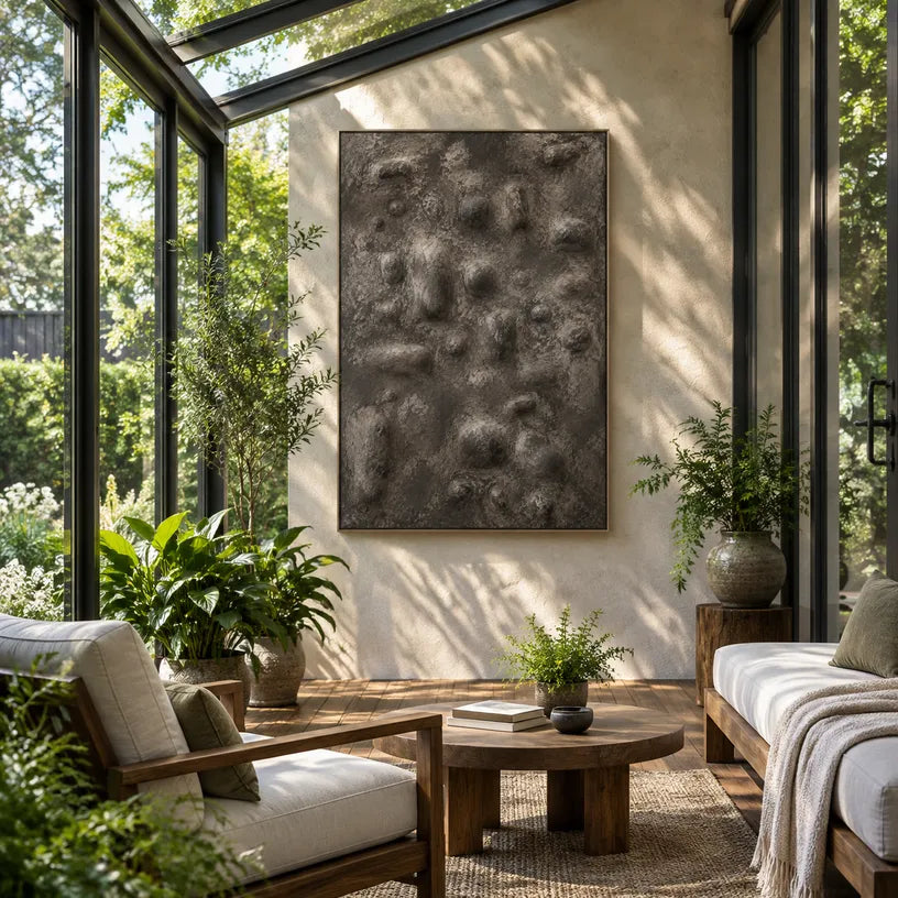 Wabi-Sabi abstract oil painting showing layered abstract marks, texture and expressive painterly movement in a brown palette.