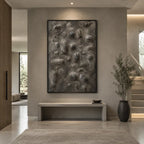 Wabi-Sabi abstract oil painting showing layered abstract marks, texture and expressive painterly movement in a brown palette.