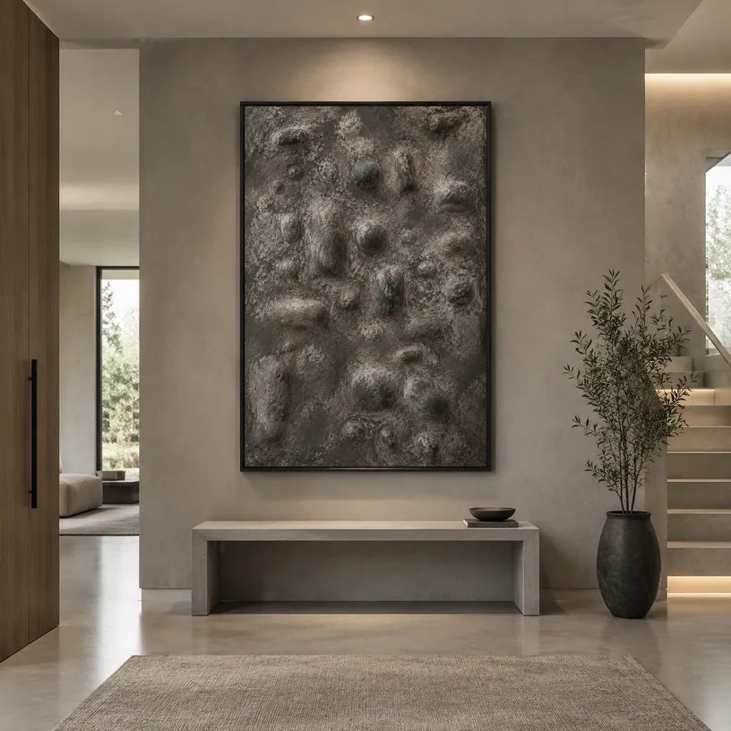 Wabi-Sabi abstract oil painting showing layered abstract marks, texture and expressive painterly movement in a brown palette.