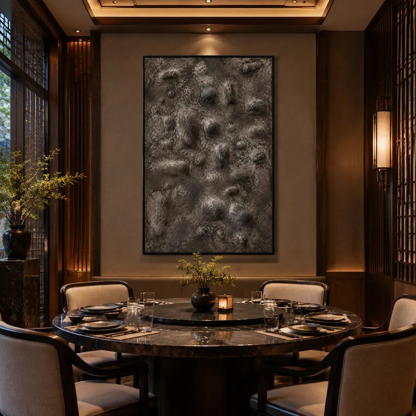 Wabi-Sabi abstract oil painting showing layered abstract marks, texture and expressive painterly movement in a brown palette.