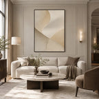 Wabi-Sabi abstract oil painting showing layered abstract marks, texture and expressive painterly movement in a beige palette.