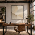 Wabi-Sabi abstract oil painting showing layered abstract marks, texture and expressive painterly movement in a beige palette.