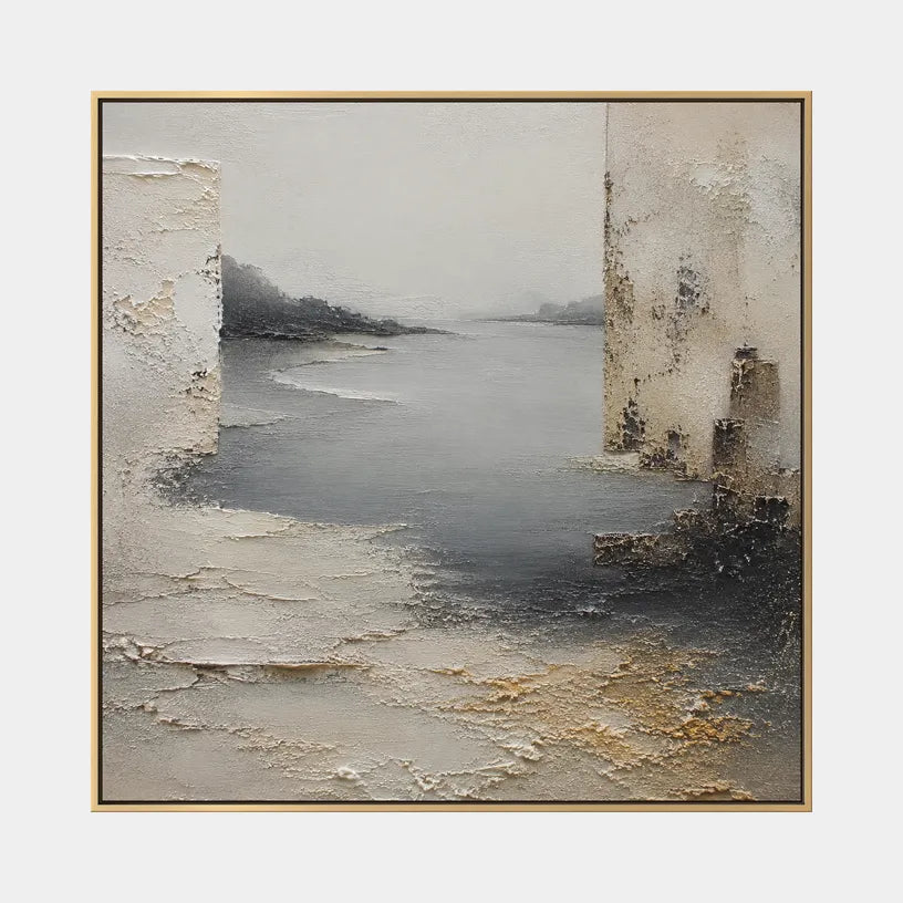 Wabi-Sabi abstract oil painting showing layered abstract marks, texture and expressive painterly movement in a grey palette.