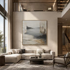 Wabi-Sabi abstract oil painting showing layered abstract marks, texture and expressive painterly movement in a grey palette.