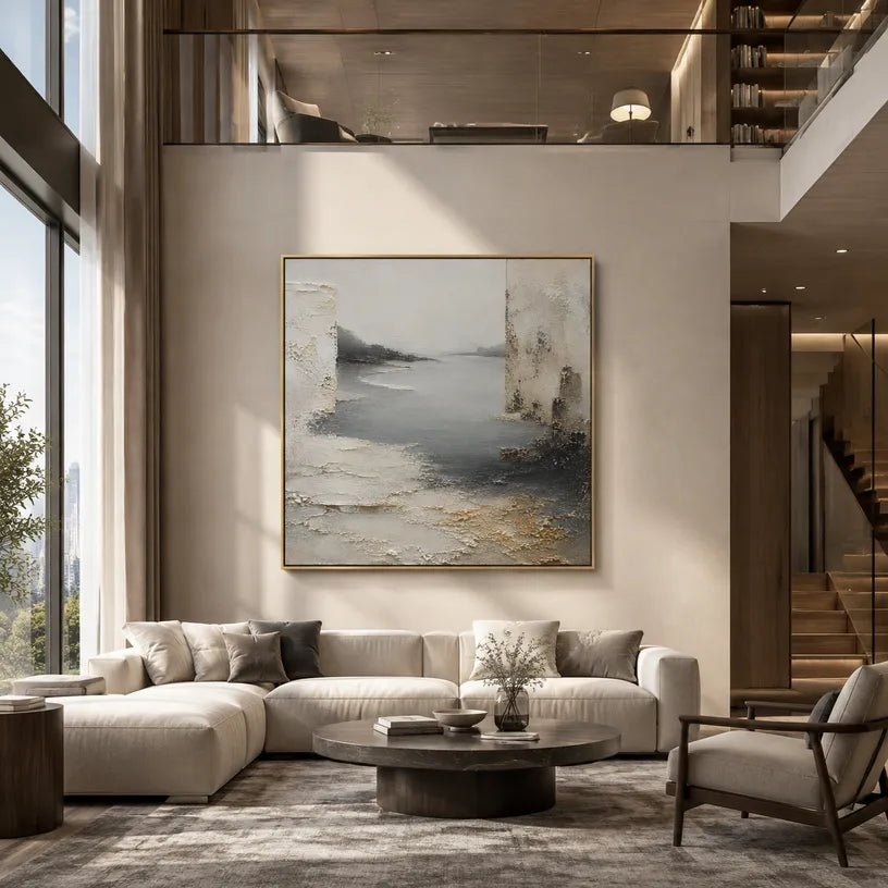 Wabi-Sabi abstract oil painting showing layered abstract marks, texture and expressive painterly movement in a grey palette.