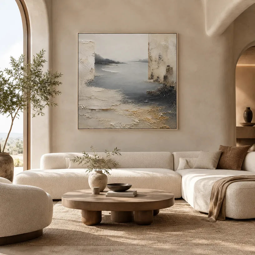 Wabi-Sabi abstract oil painting showing layered abstract marks, texture and expressive painterly movement in a grey palette.