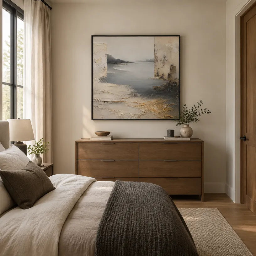 Wabi-Sabi abstract oil painting showing layered abstract marks, texture and expressive painterly movement in a grey palette.