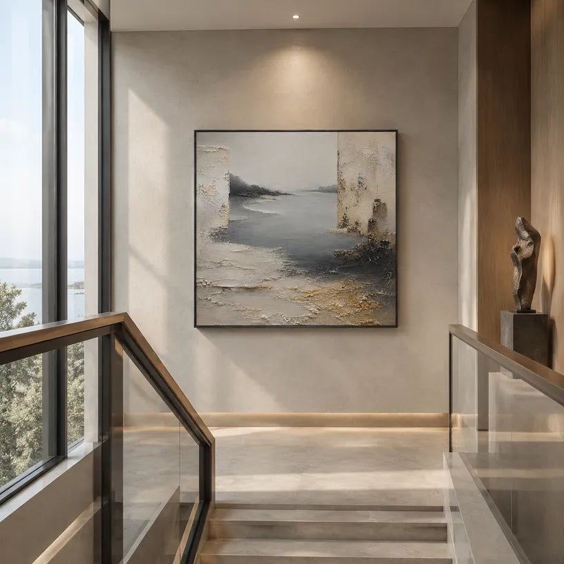 Wabi-Sabi abstract oil painting showing layered abstract marks, texture and expressive painterly movement in a grey palette.