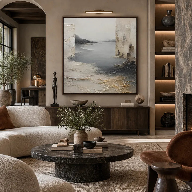 Wabi-Sabi abstract oil painting showing layered abstract marks, texture and expressive painterly movement in a grey palette.
