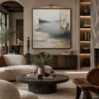 Wabi-Sabi abstract oil painting showing layered abstract marks, texture and expressive painterly movement in a grey palette.
