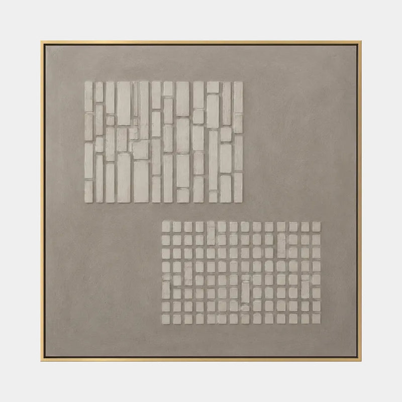 Pittura a olio astratta e concettuale Wabi-Sabi con segni astratti stratificati, consistenza e movimento pittorico espressivo in una tavolozza grigia.