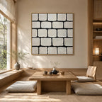 Wabi-Sabi abstract oil painting showing layered abstract marks, texture and expressive painterly movement in a grey palette.