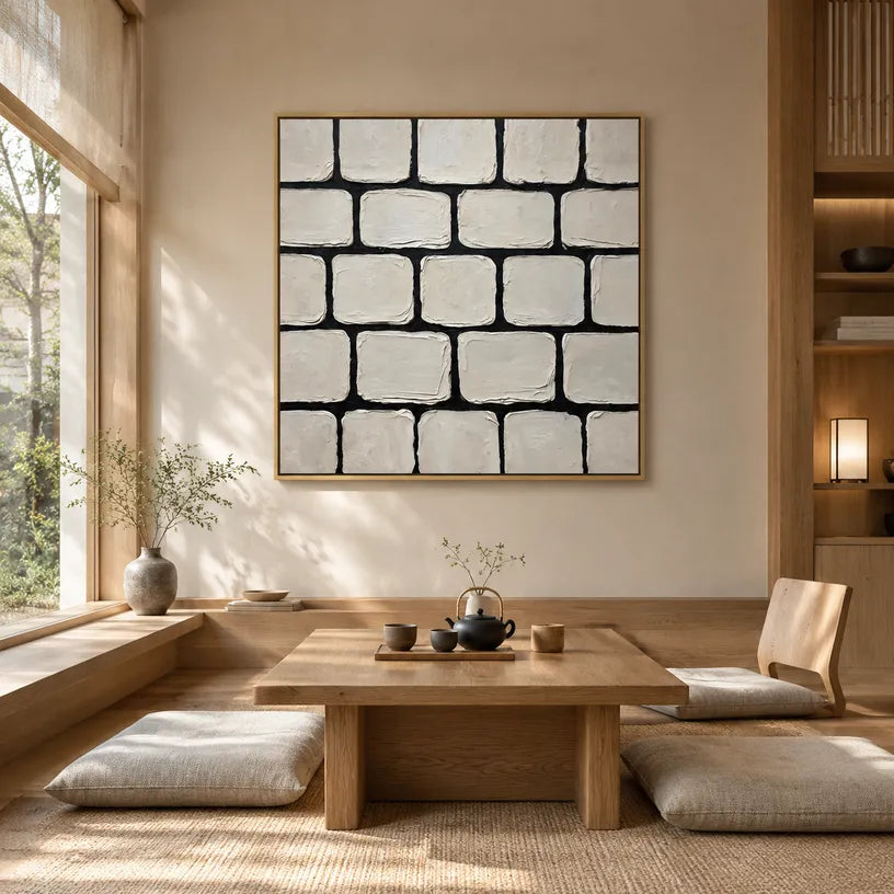 Wabi-Sabi abstract oil painting showing layered abstract marks, texture and expressive painterly movement in a grey palette.