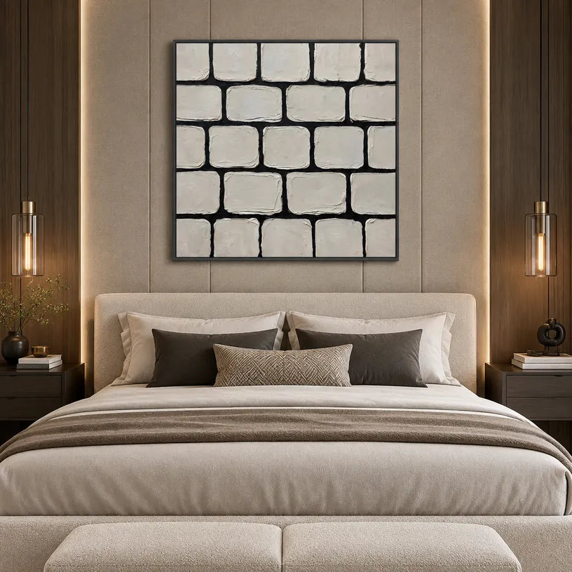 Wabi-Sabi abstract oil painting showing layered abstract marks, texture and expressive painterly movement in a grey palette.