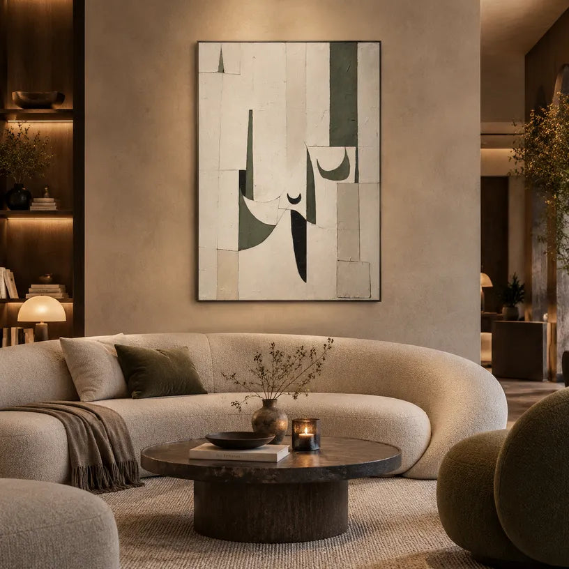 Wabi-Sabi abstract oil painting showing layered abstract marks, texture and expressive painterly movement.