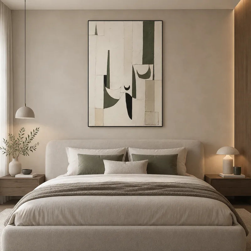 Abstraktes und konzeptuelles Ölgemälde von Wabi-Sabi mit geschichteten abstrakten Zeichen, Textur und ausdrucksstarker malerischer Bewegung in einer grauen Palette.