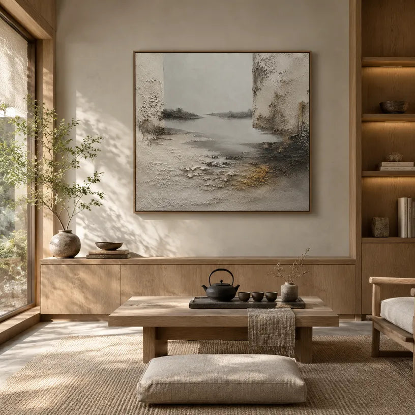 Wabi-Sabi abstract oil painting showing layered abstract marks, texture and expressive painterly movement in a brown palette.
