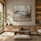 Wabi-Sabi abstract oil painting showing layered abstract marks, texture and expressive painterly movement in a brown palette.