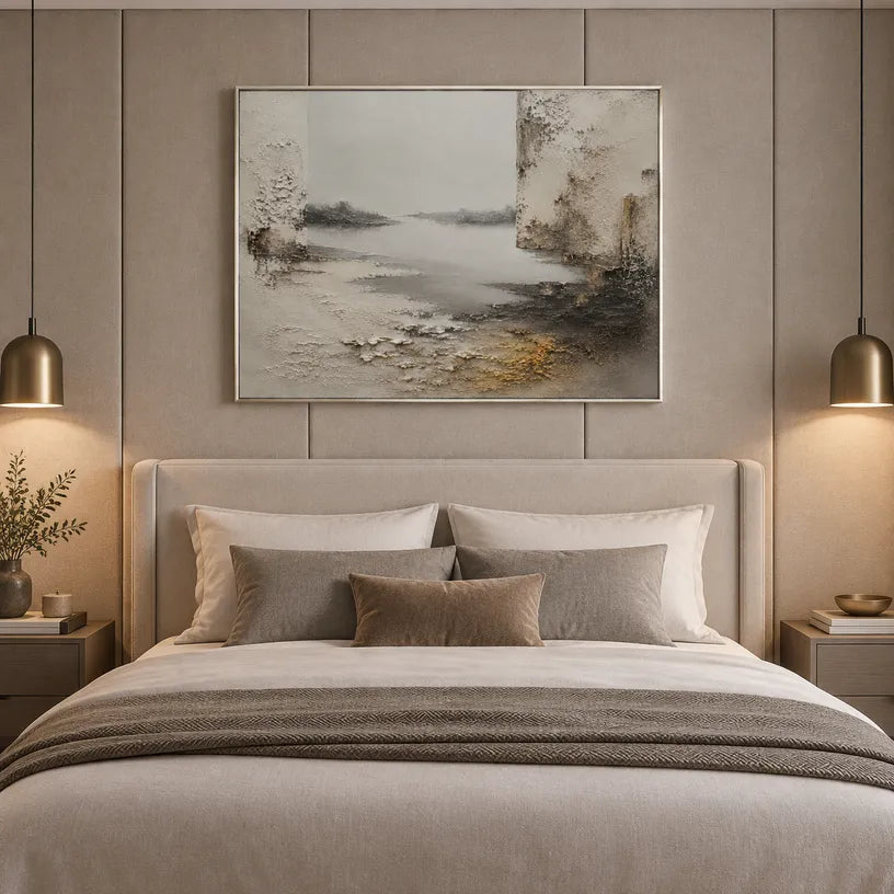 Wabi-Sabi abstract oil painting showing layered abstract marks, texture and expressive painterly movement in a brown palette.