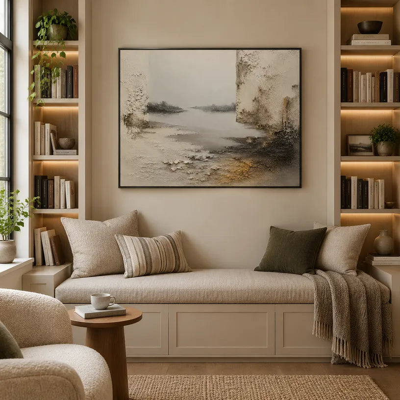 Wabi-Sabi abstract oil painting showing layered abstract marks, texture and expressive painterly movement in a brown palette.