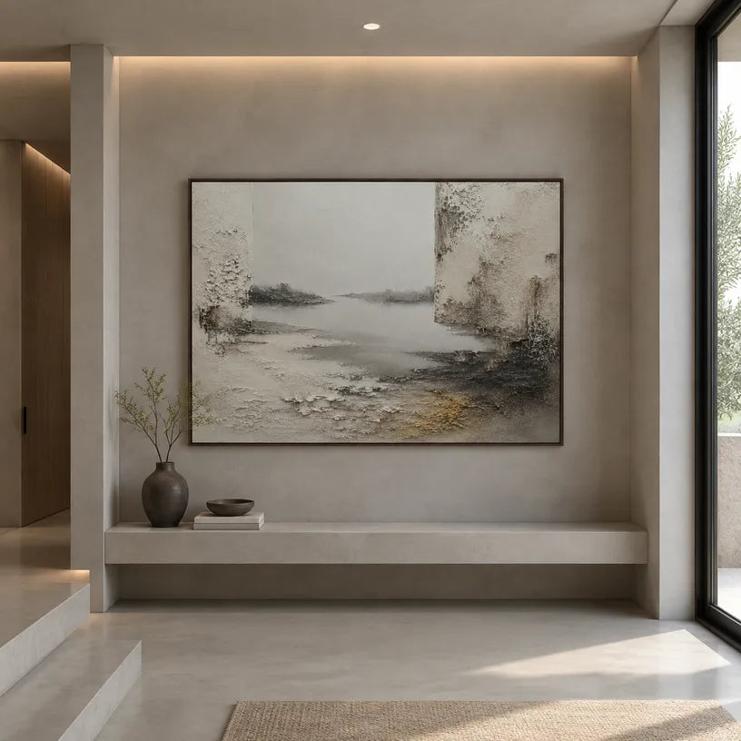 Wabi-Sabi abstract oil painting showing layered abstract marks, texture and expressive painterly movement in a brown palette.