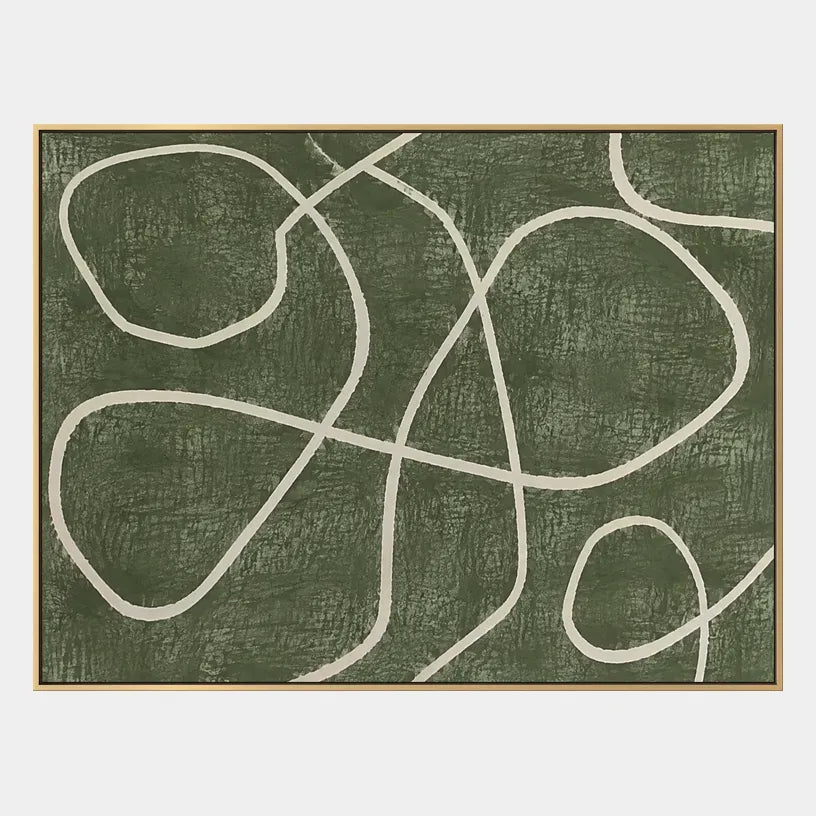 Wabi-Sabi abstract oil painting showing layered abstract marks, texture and expressive painterly movement in a green palette.
