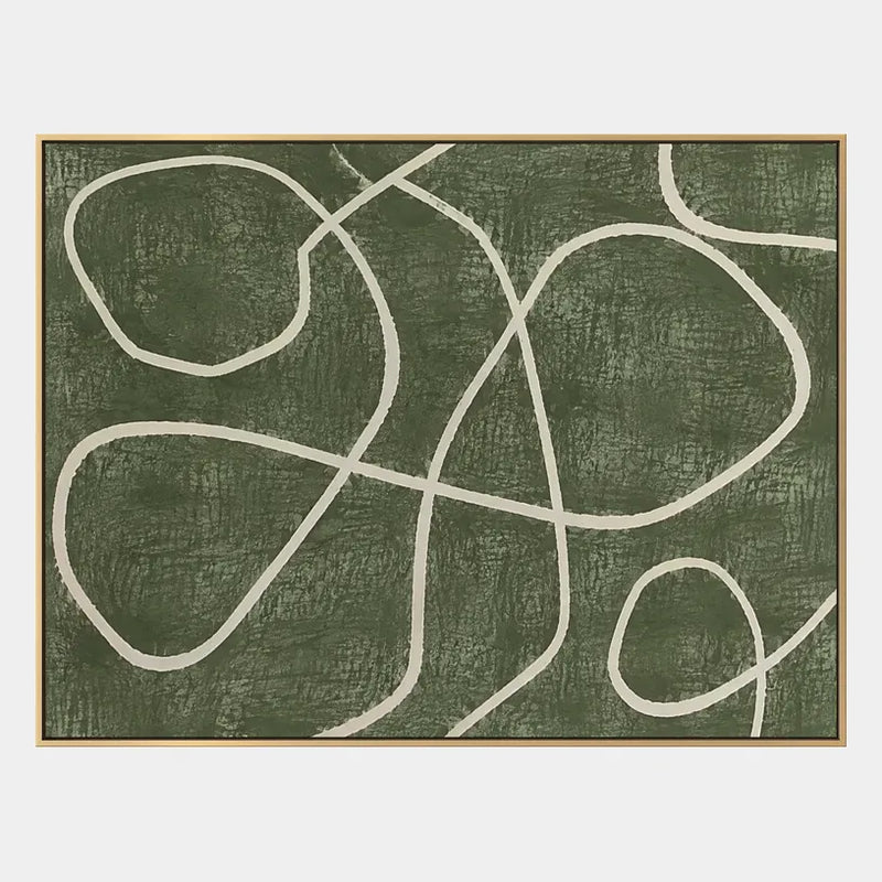 Peinture à l'huile abstraite et conceptuelle Wabi-Sabi présentant des marques abstraites superposées, une texture et un mouvement pictural expressif dans une palette verte.
